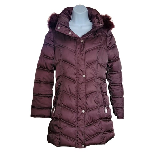 Kenneth Cole New York Jackets & Blazers - Kenneth Cole Faux-Fur-Trim Hooded Puffer Plum Coat Size XS